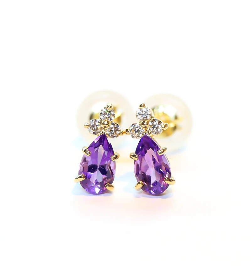 K18 アメジスト＆ダイヤモンドのポストピアス ~Ello Lilas~ 2月誕生石 ジュエリーブランド「RASPIA Jewelry」