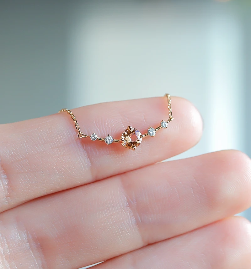 K18 インペリアルトパーズ＆ダイヤモンドのネックレス（ラウンドカット）~Ello Lily~ 11月誕生石 ジュエリーブランド「RASPIA  Jewelry」